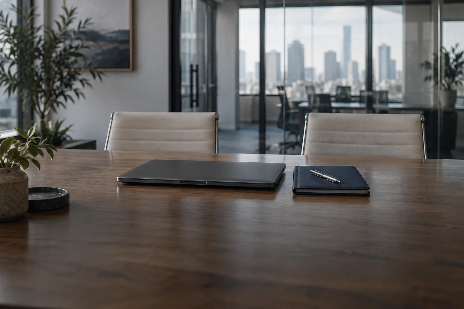 Ruang meeting dengan laptop dan buku catatan di meja kayu