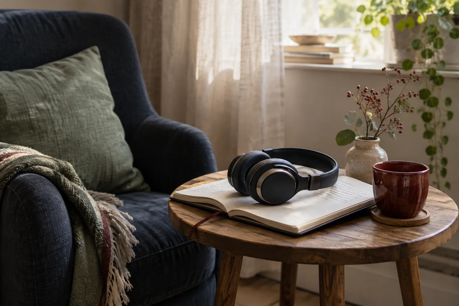 Sudut belajar dengan headphone dan buku di meja kecil