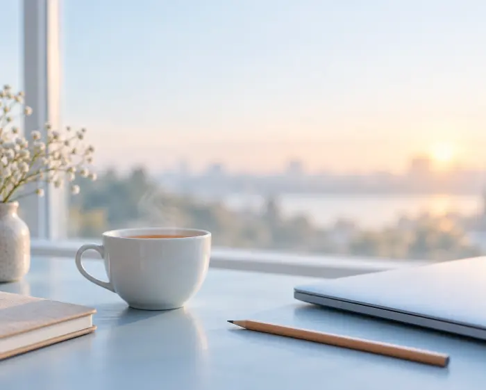 Cangkir teh, pensil dan laptop di meja belajar pagi hari