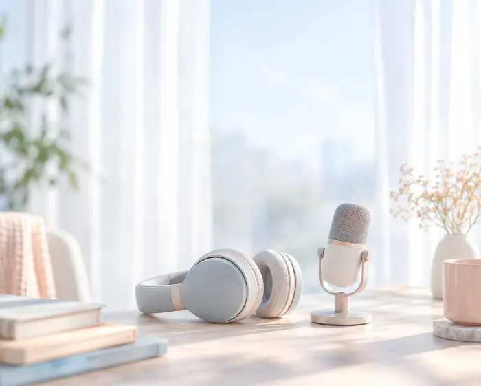 Headphone dan mikrofon kecil di meja yang terang