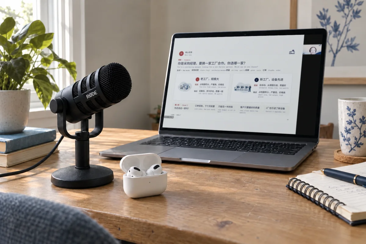 Mikrofon RØDE dan laptop yang menampilkan slide kelas Mandarin online